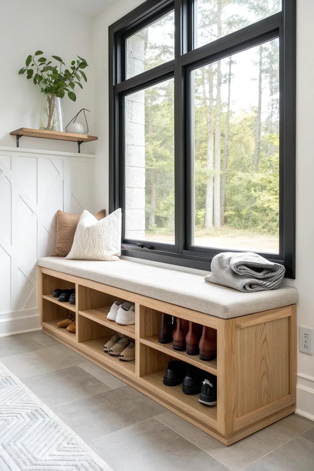 A slim oak window bench turns the entry into a calm shoe drop zone—pretty and practical.