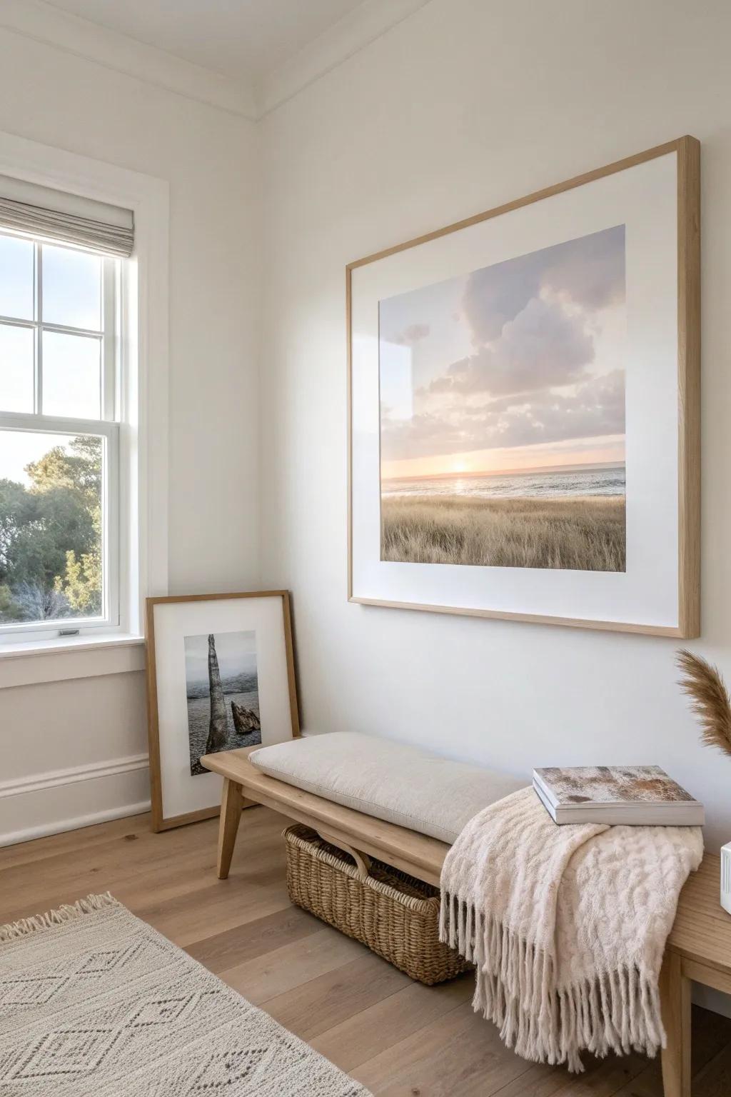 One oversized artwork with a light background creates a calm “window” in a dark room.