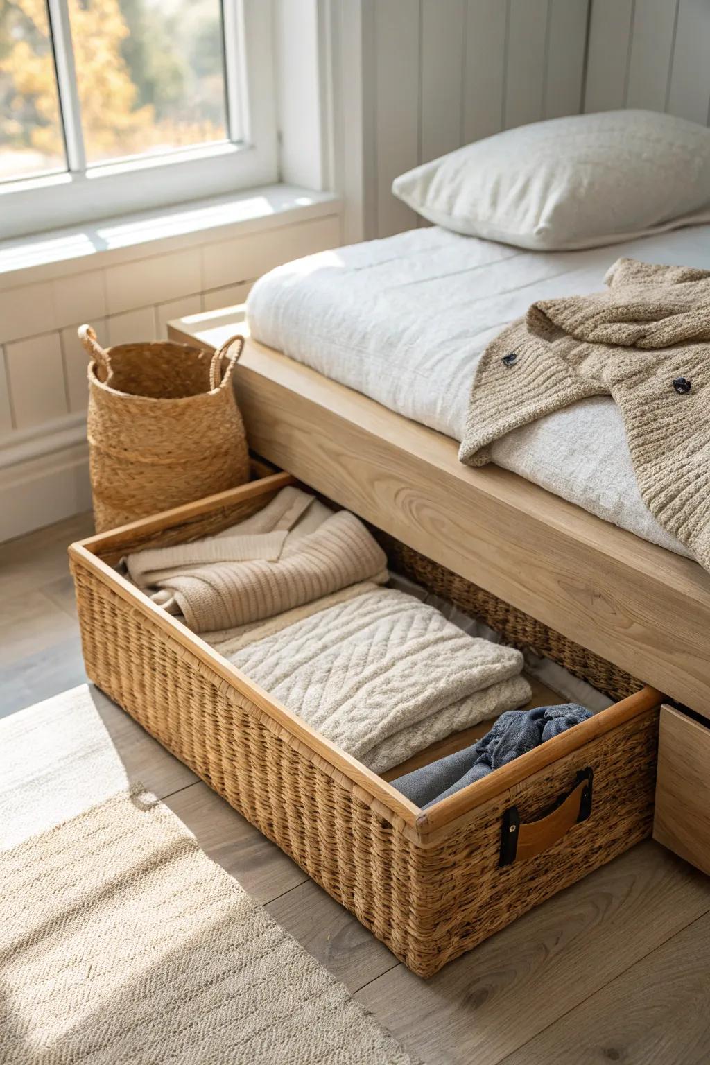 Slide-out under-bed bin keeps bulky knits tidy and frees up precious dresser space.