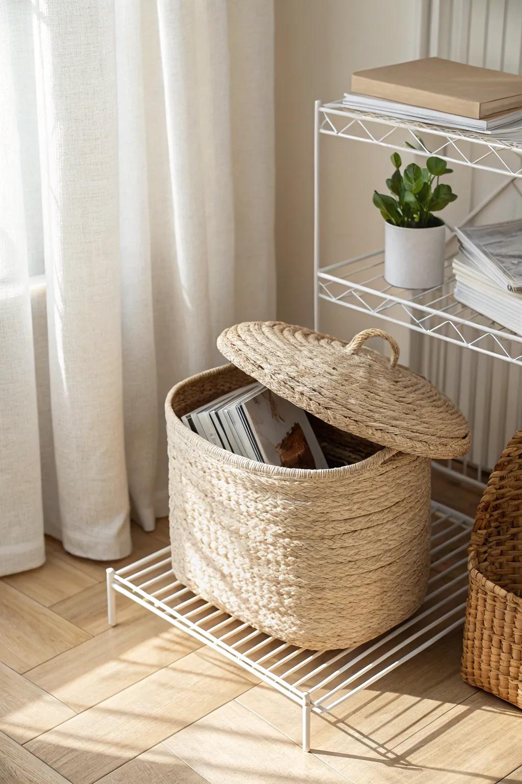 Hide paperbacks in a woven basket on your wire shelf for instant calm, small-space style.