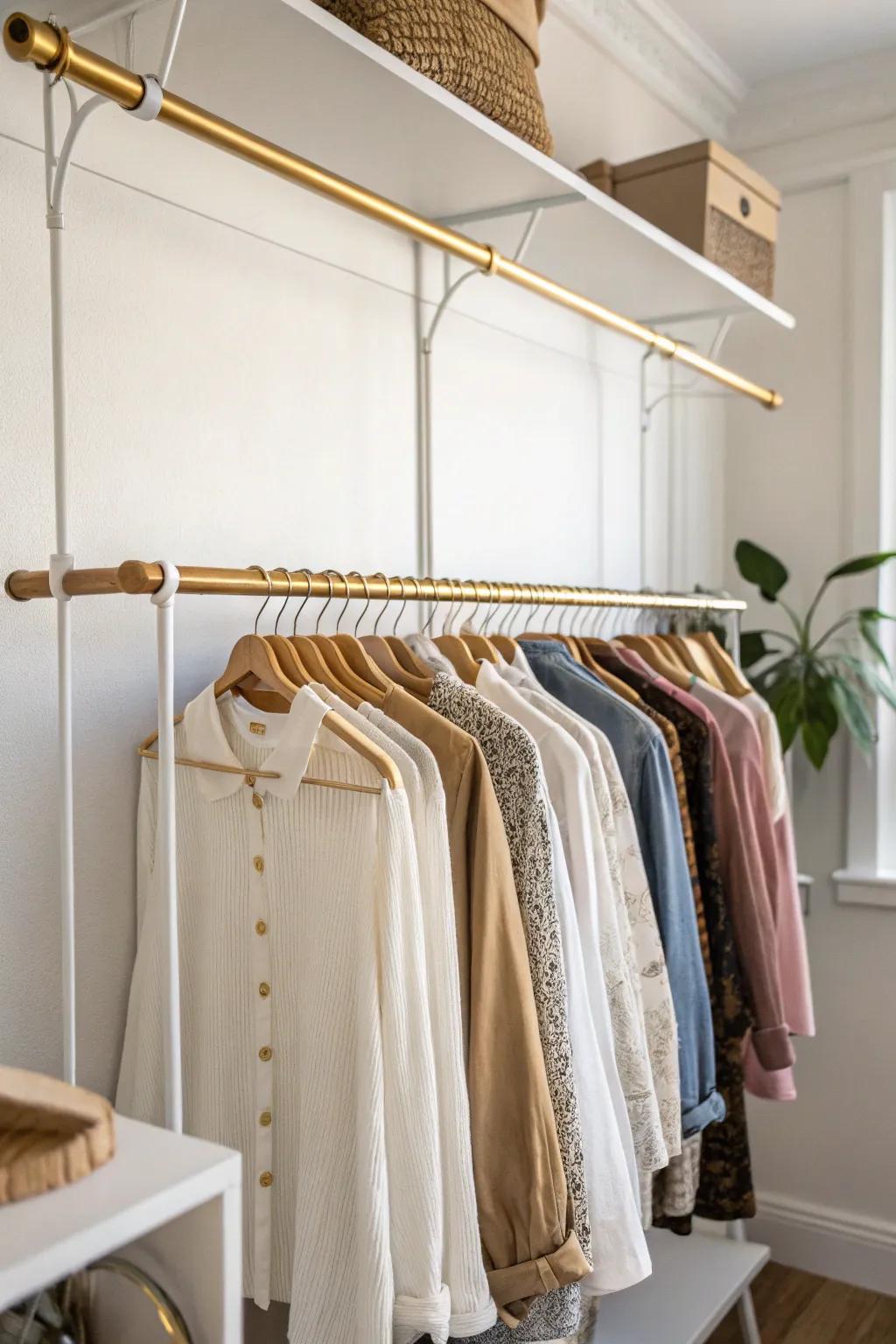 Double your hanging space with a chic rod extender under wire shelving—small closet game changer.
