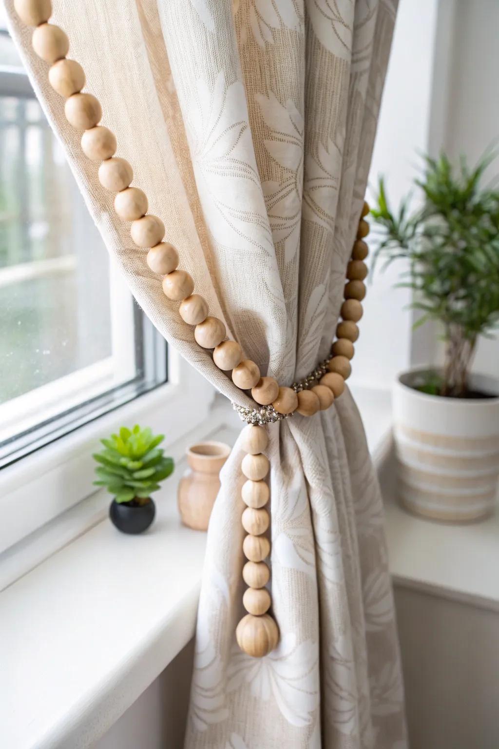 Elevate your curtains with a touch of natural elegance using a wooden bead garland tie-back.