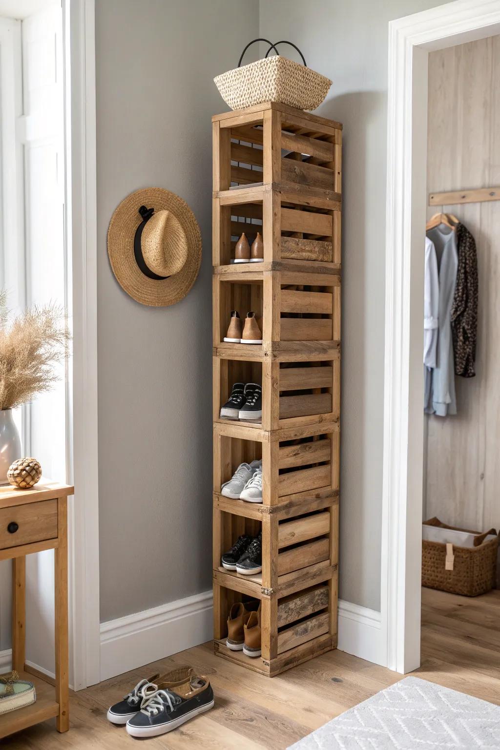 A slim stacked-wood-crate shoe tower that keeps narrow entryways calm and clutter-free.