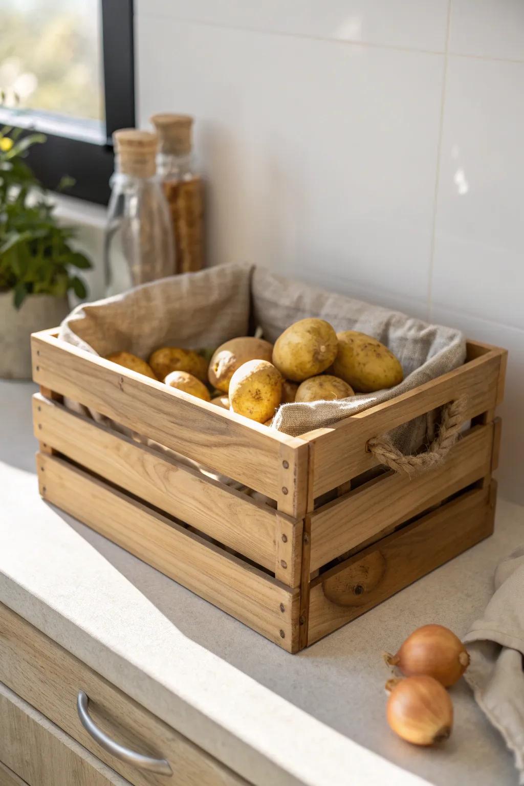 A ventilated wooden crate keeps onions and potatoes tidy—linen liner stops little runaways.