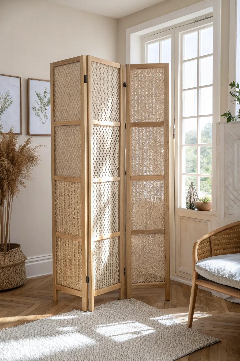 A foldable oak screen that zones a small living room—no drilling, just warm minimalist style.