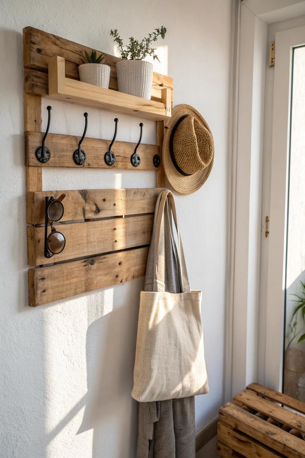 DIY pallet coat rack drop zone: hooks + tiny cubbies for keys and sunnies in small entryways.