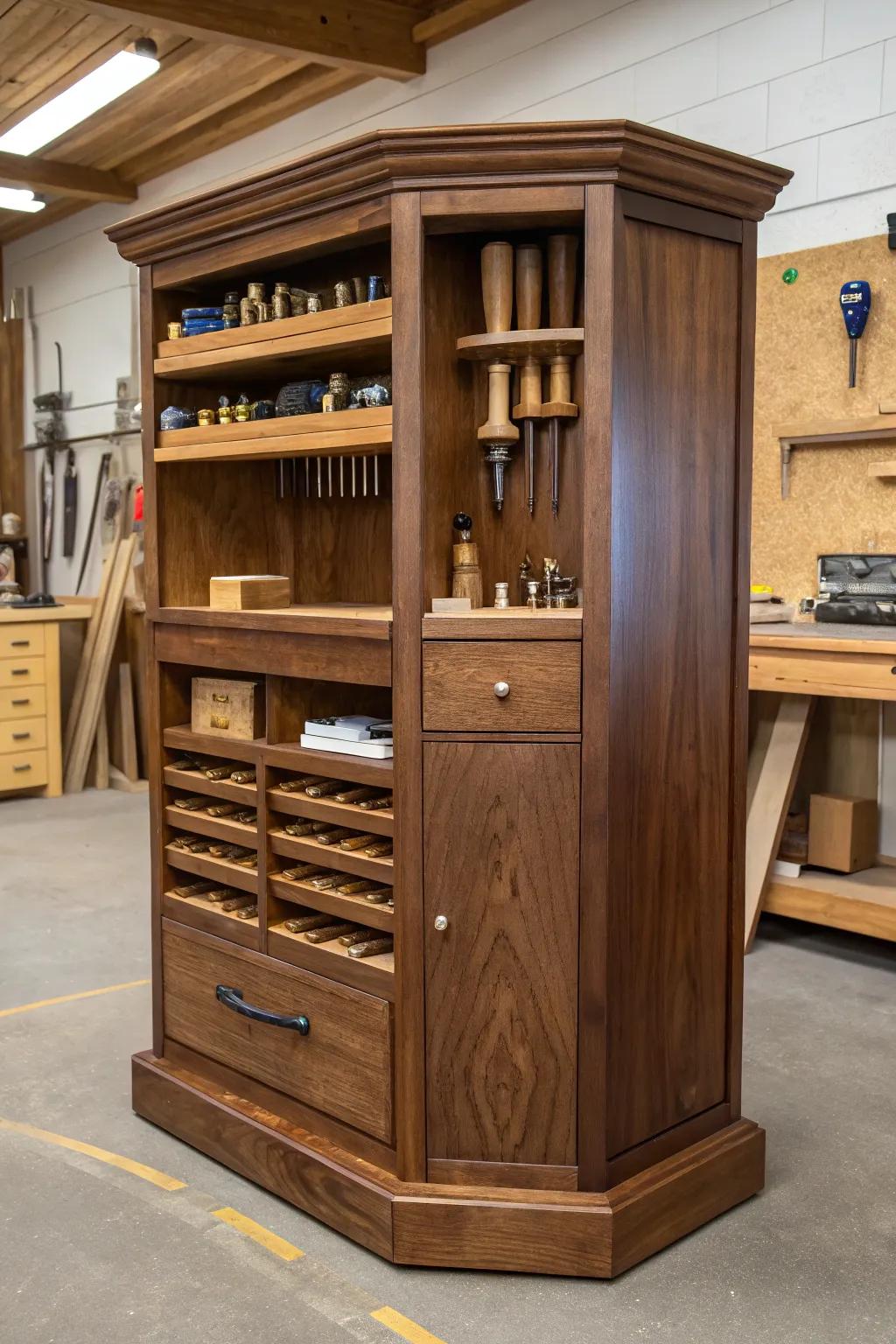 Maximize your workshop space with this stunning corner storage solution, where craftsmanship meets functionality.