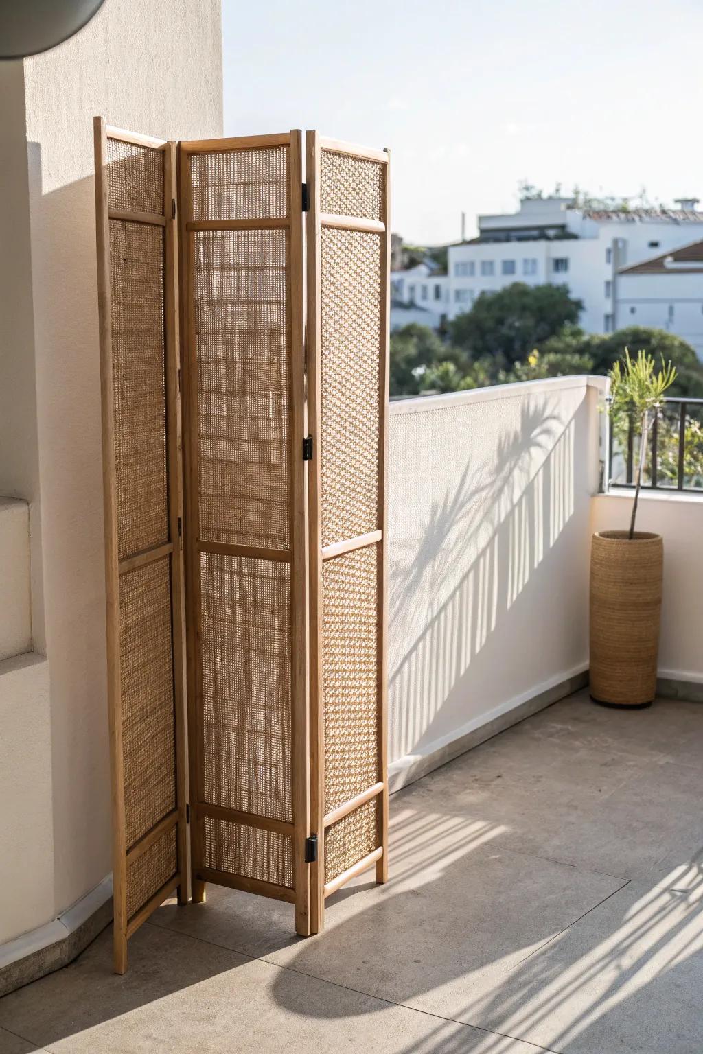 A woven privacy screen on the exposed balcony side turns the wraparound into a calm retreat.