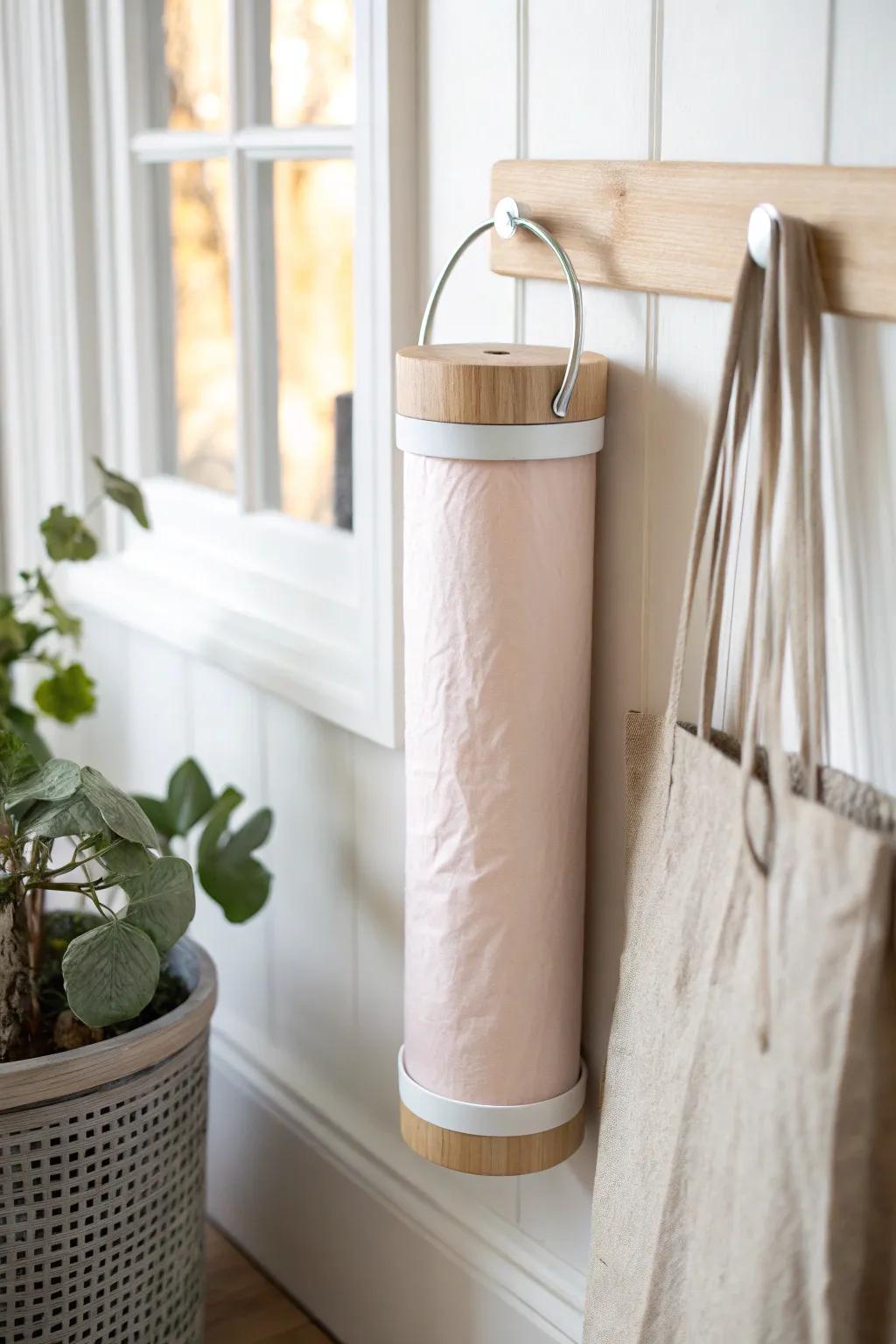 Wall-mounted dispenser tube turns wrapping paper into a clean, grab-and-go storage spot.