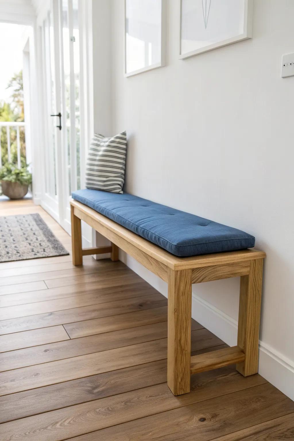 Minimalist 2x4 wall-hugging bench—warm wood + terracotta cushion for tiny hallways.