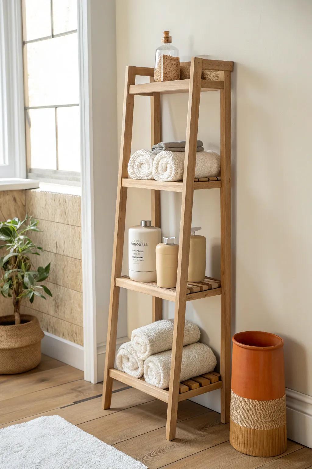 Slide a 5-inch open shelf into the gap for towels + toiletries—minimal, calm, and chic.