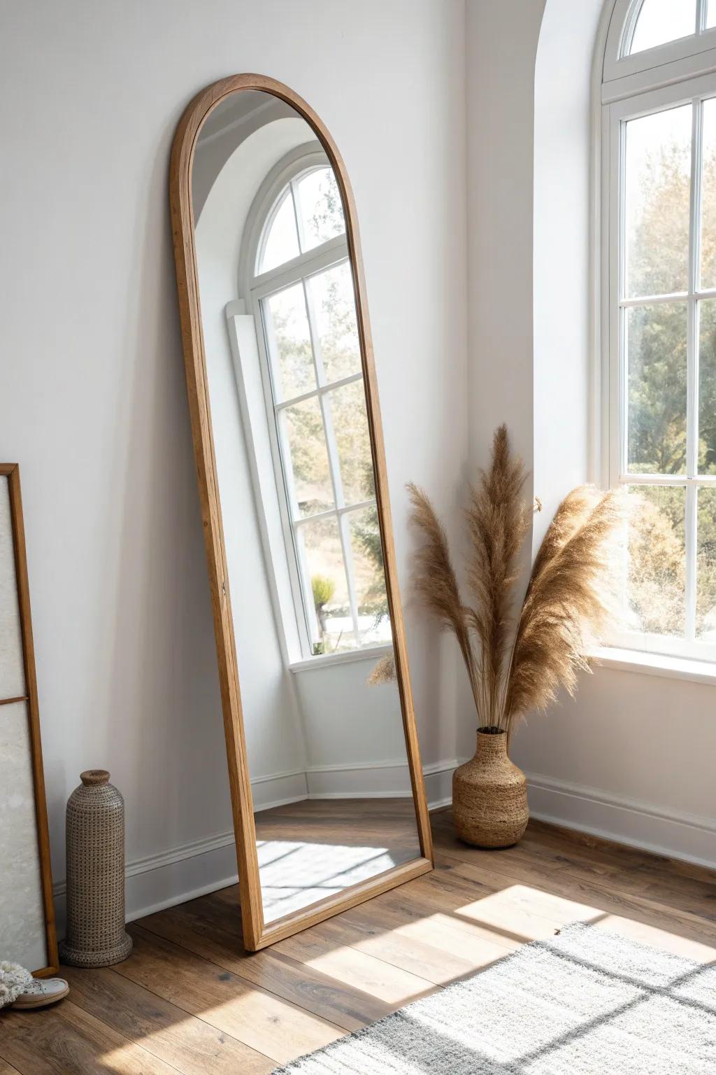 A tall mirror catching window light makes an 8-foot ceiling feel brighter and higher.