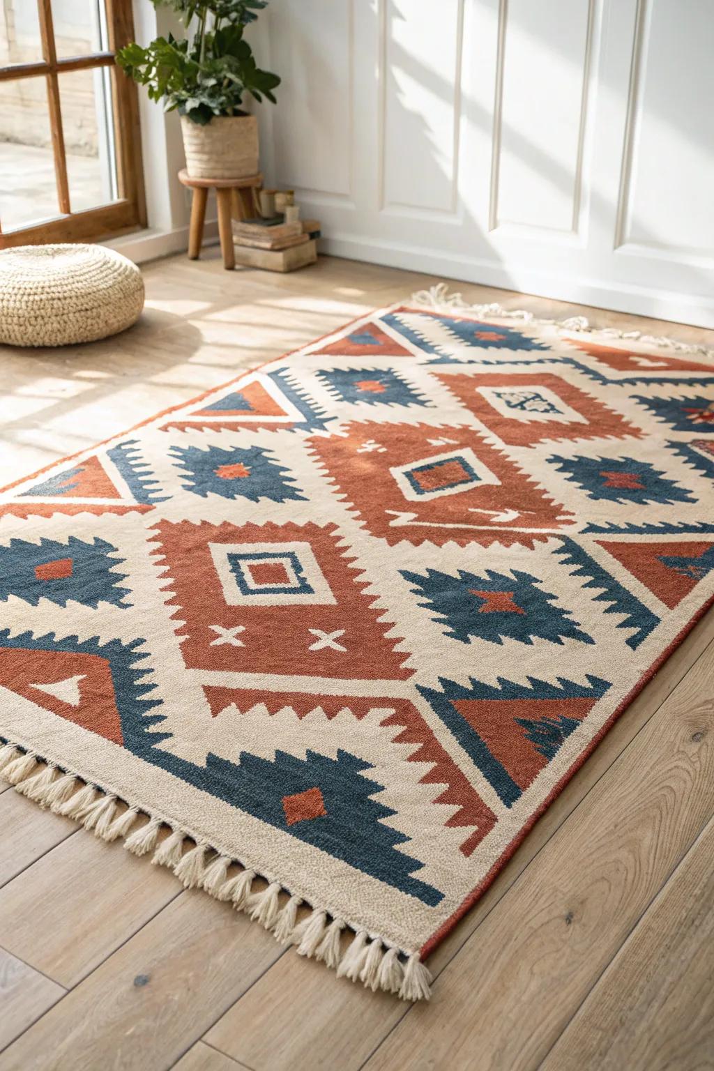 Oversized area rug = an “invisible wall” that defines ADU zones without closing the space.