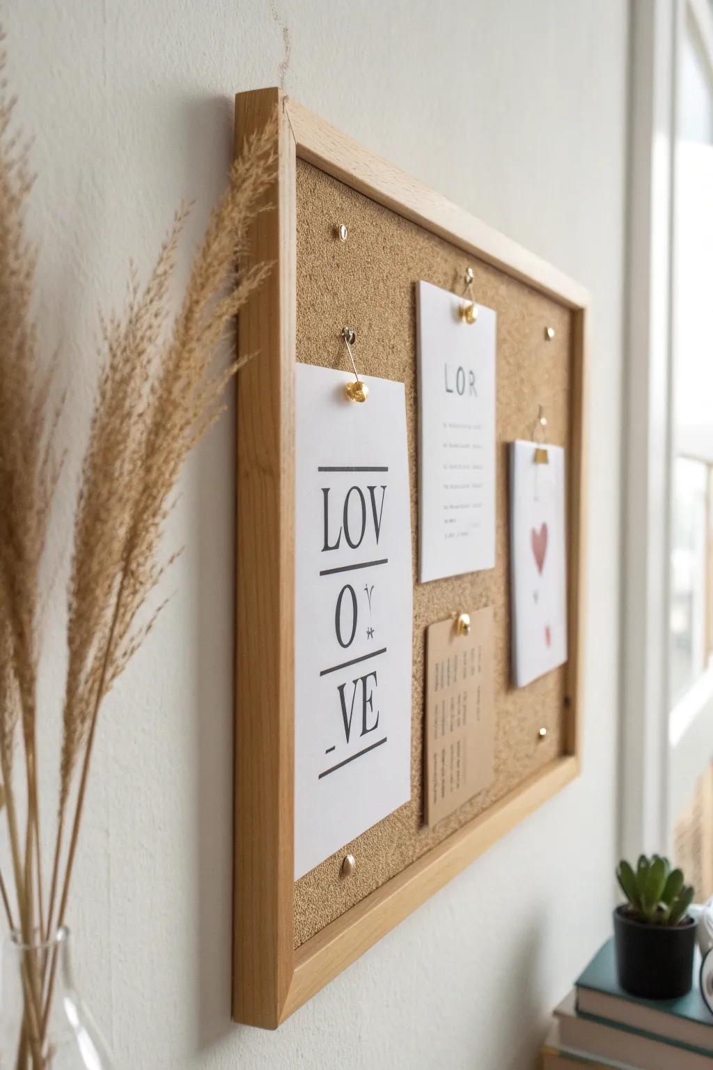 A mini quote gallery board: three bold lines, brass pins, and calm Scandi-boho vibes.