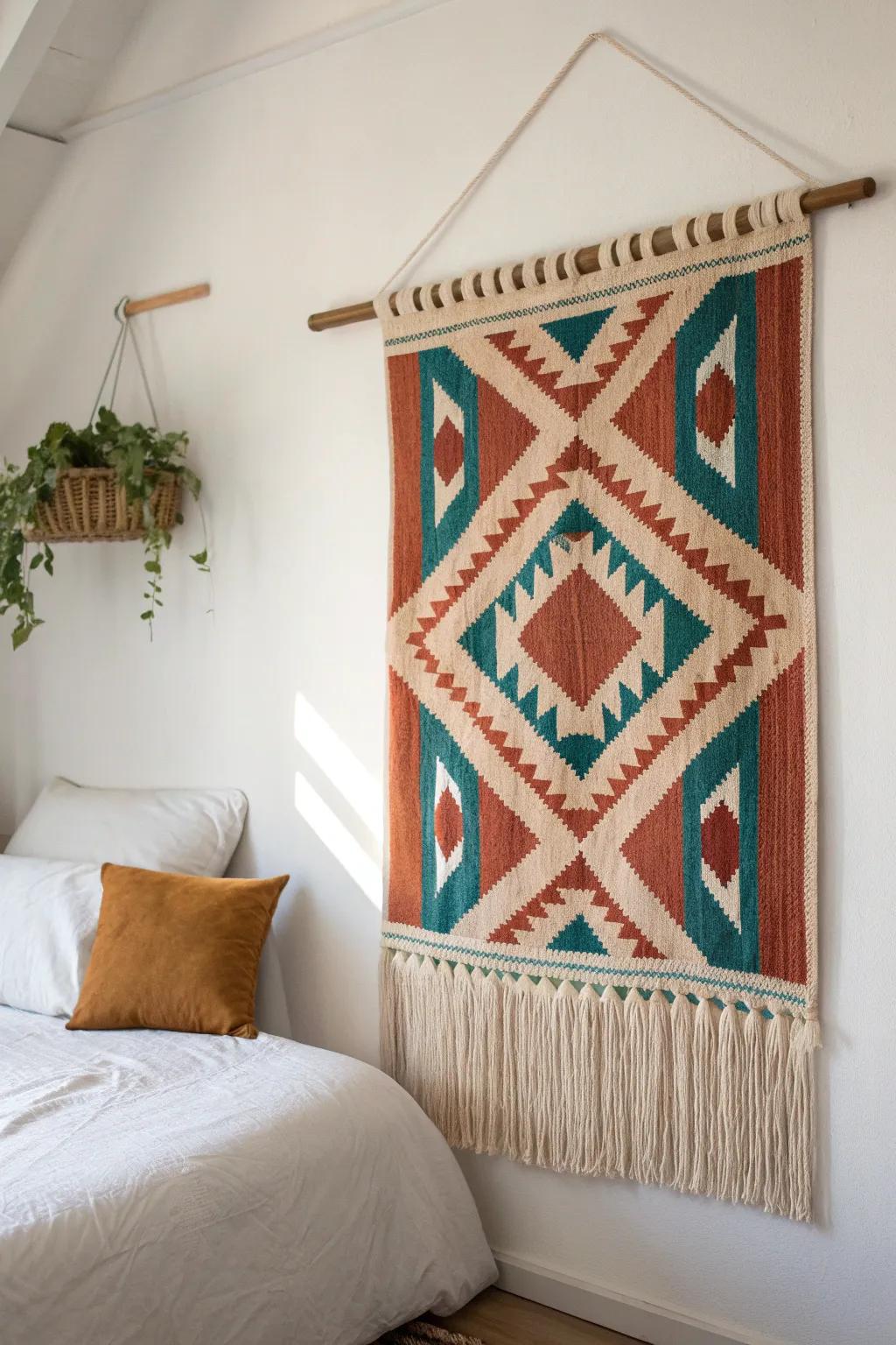 Swap a headboard for a bold woven tapestry—instant texture and cozy dorm-room warmth.