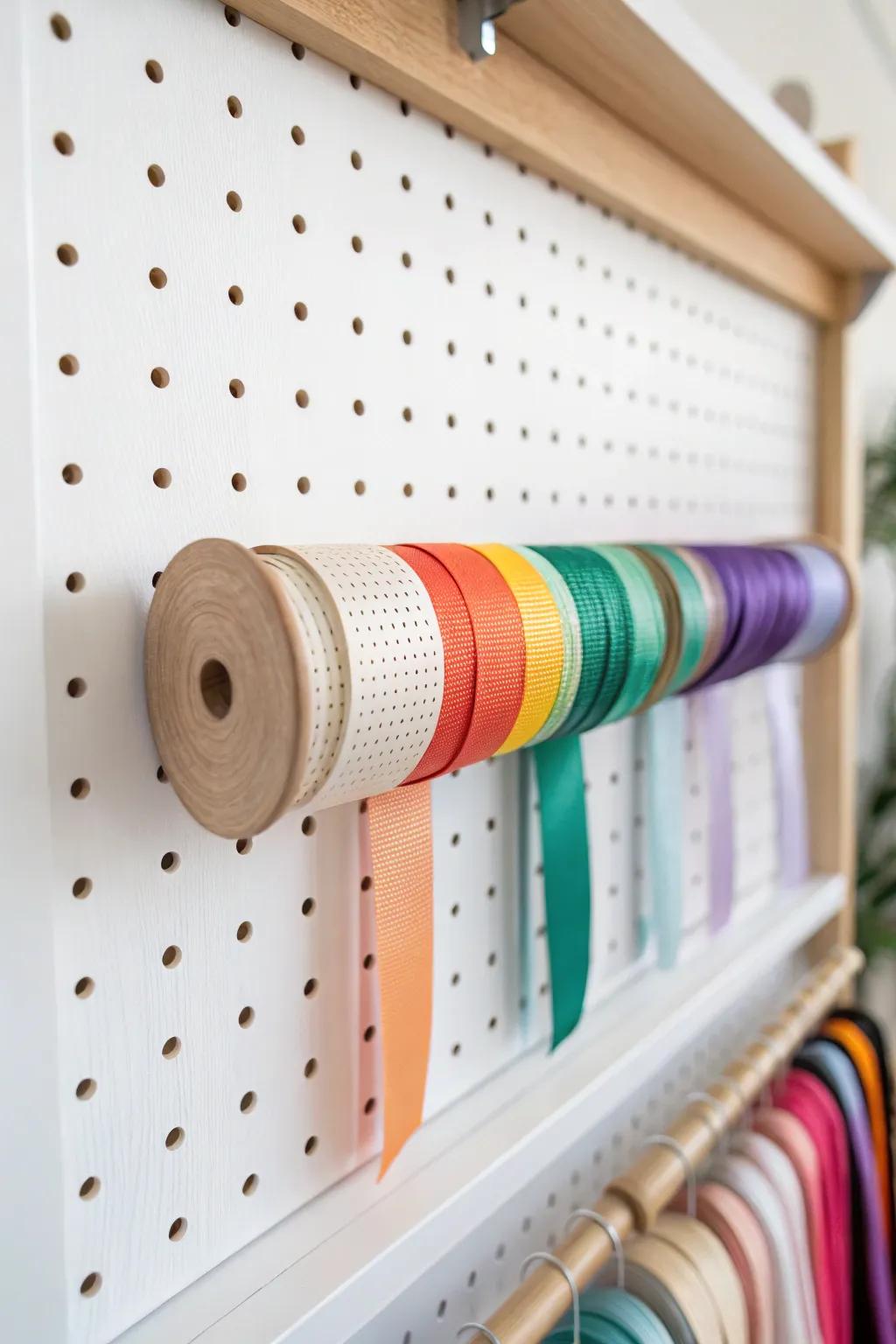 Turn your pegboard into a rainbow display bar for washi tape and ribbons—no more drawer digging.