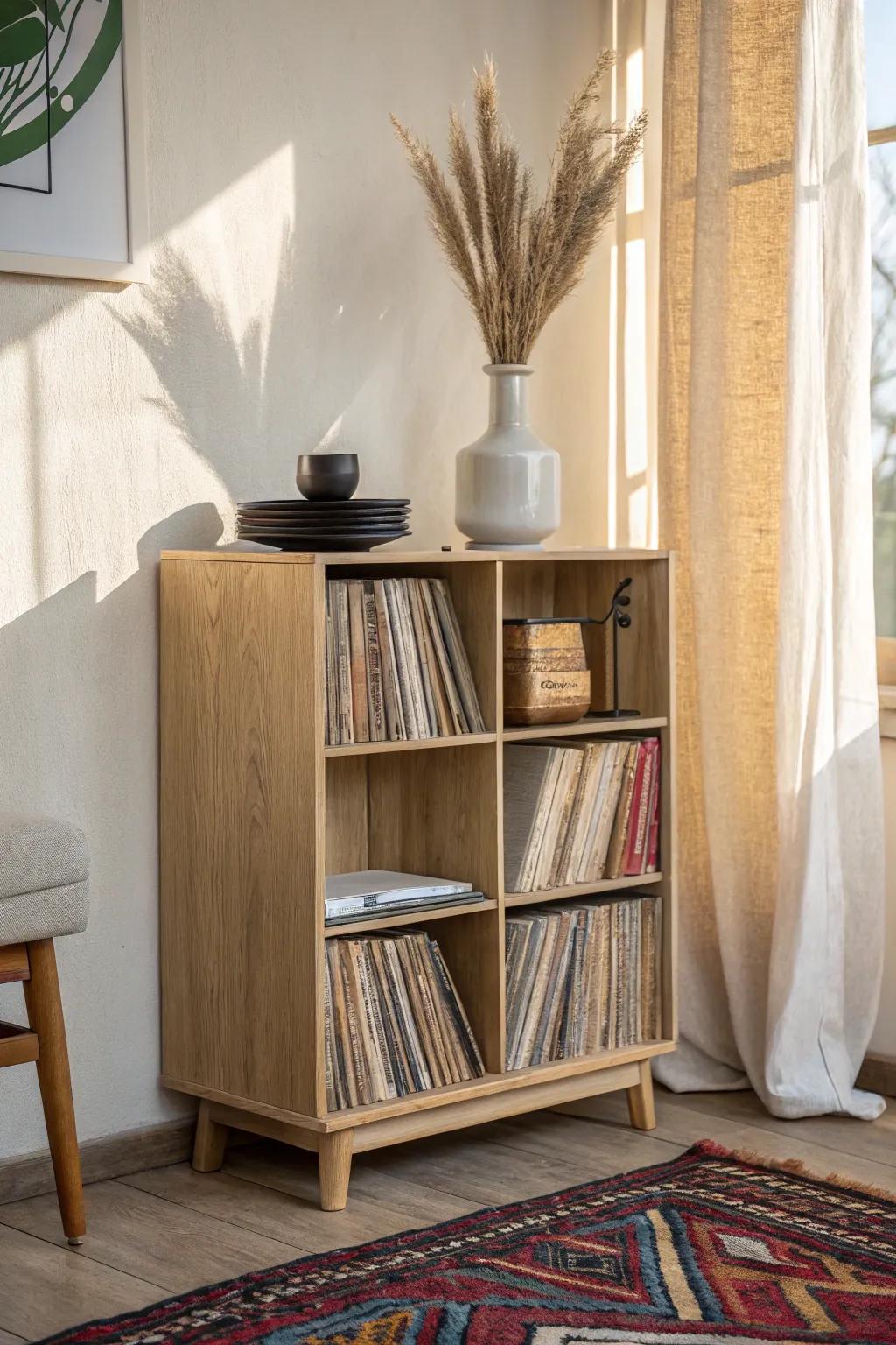 Short bookcase, big impact: LP-friendly shelves with cute styling on top—small-space perfect.