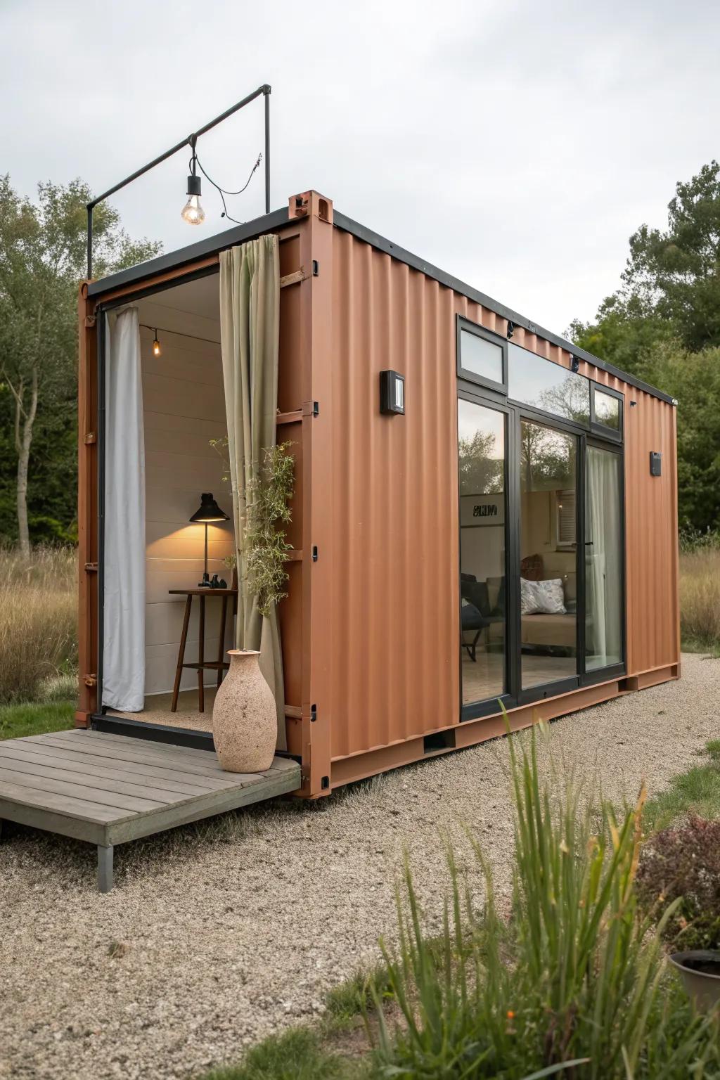 A sleek shipping-container studio with sunlit glass walls—industrial edge meets cozy minimal boho.