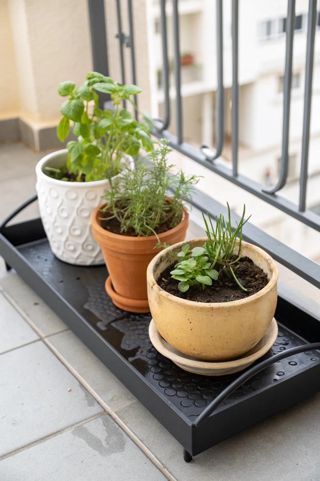 Pretty plant trays keep balcony floors dry—group pots together for easy, stress-free watering.