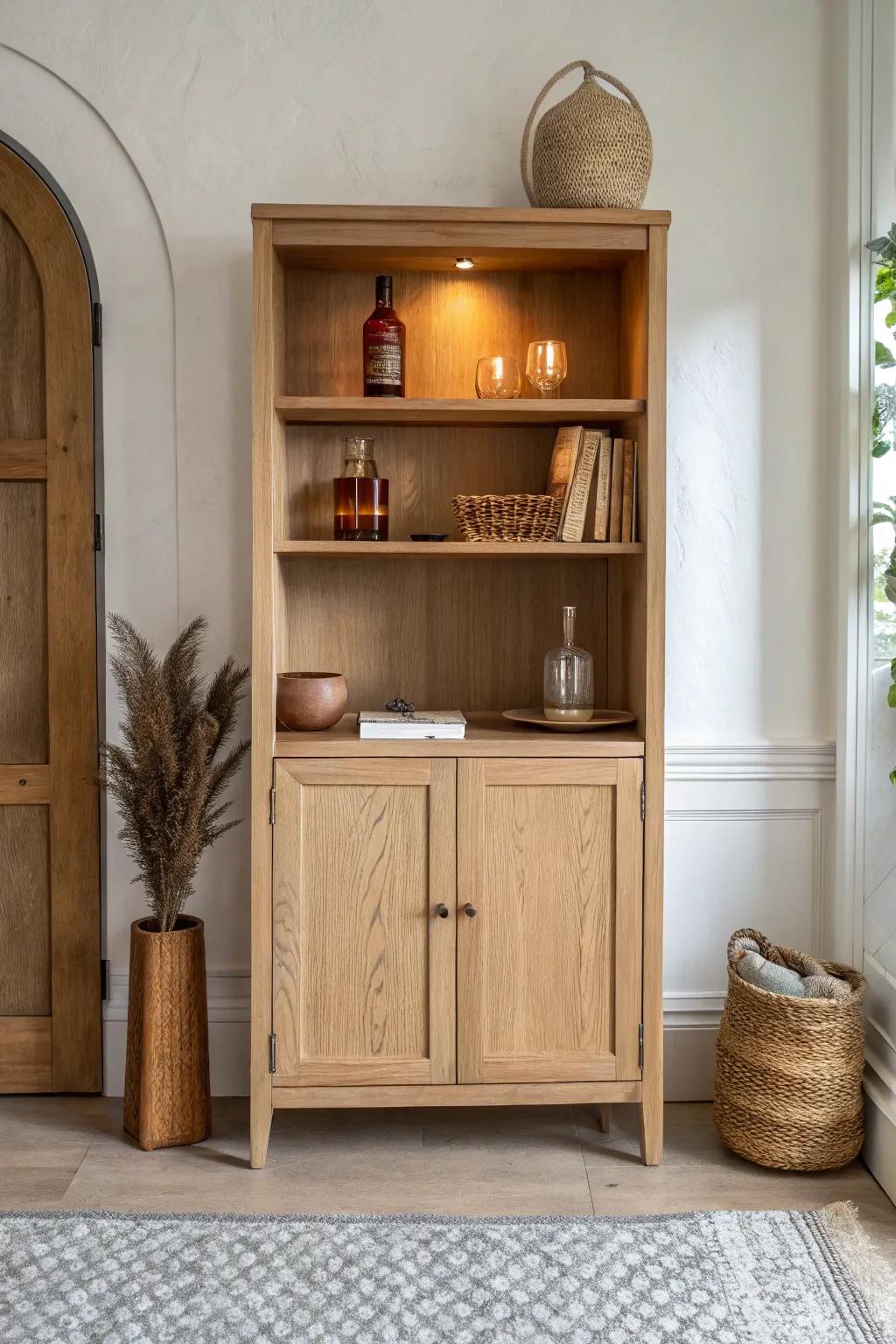 A nook-style bar look—simple oak shelves with one bold terracotta decanter for contrast.