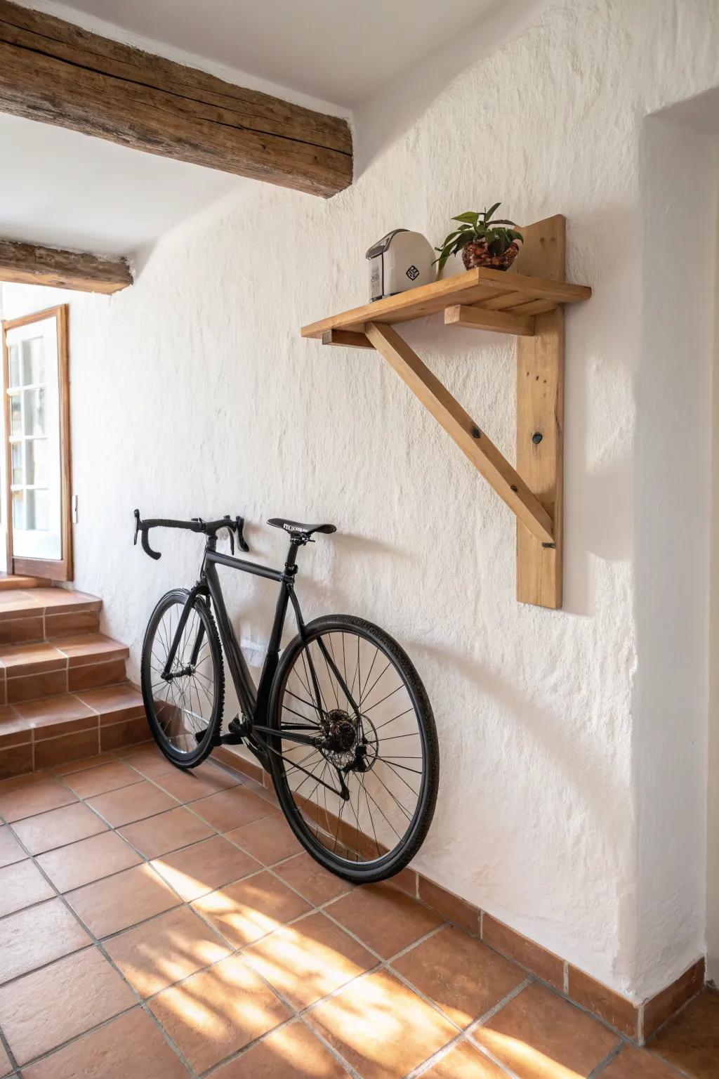 Turn an unused corner into a sleek bike station with a crafted wall bracket and bold contrast.