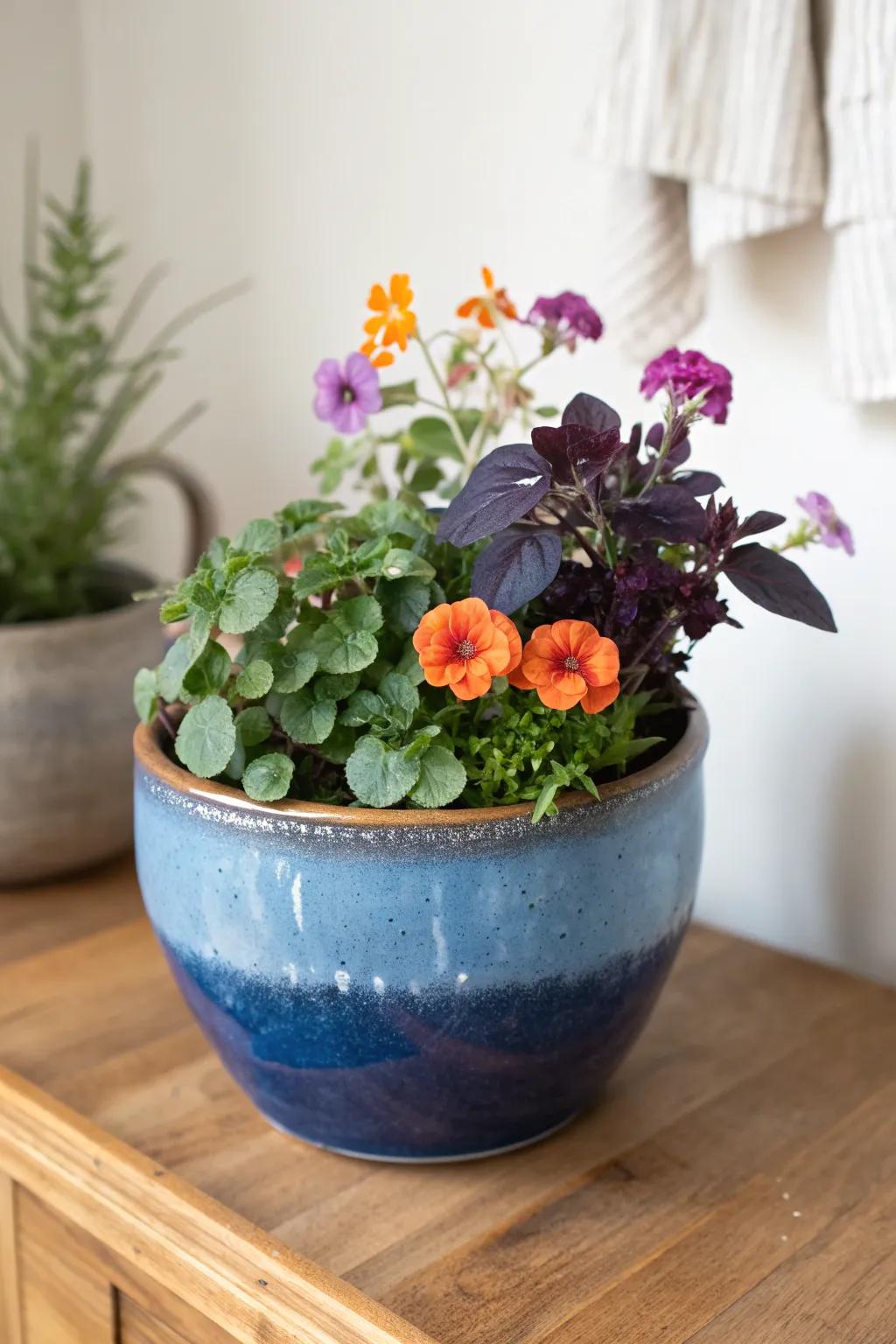 One pot, two perks: compact veggies and bright blooms for a styled, edible apartment garden.