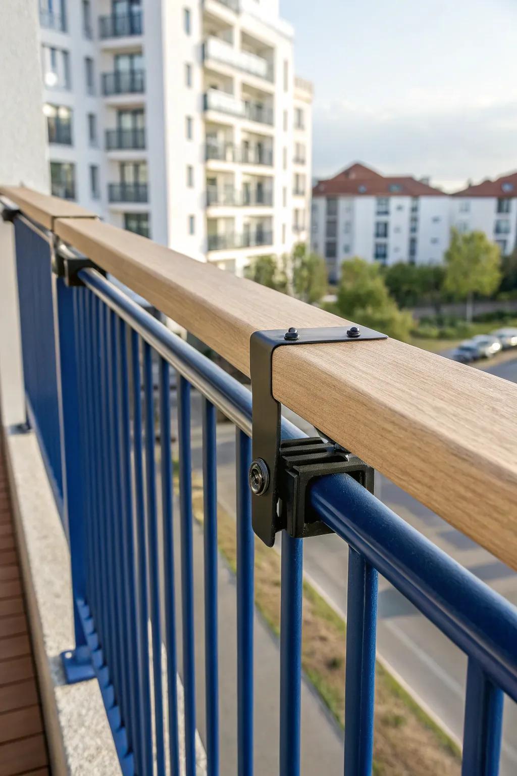 Rail-mounted bar ledge turns a skinny balcony into a sunrise coffee nook—no floor space needed.