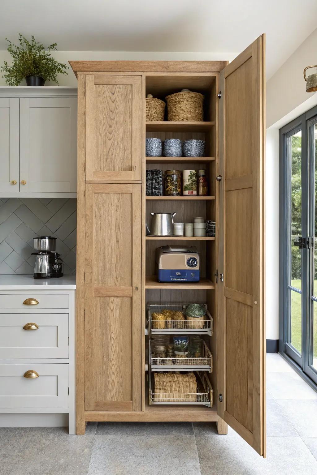 Hidden pantry appliance shelf: a pull-out “work wall” that keeps countertops calm and clear.