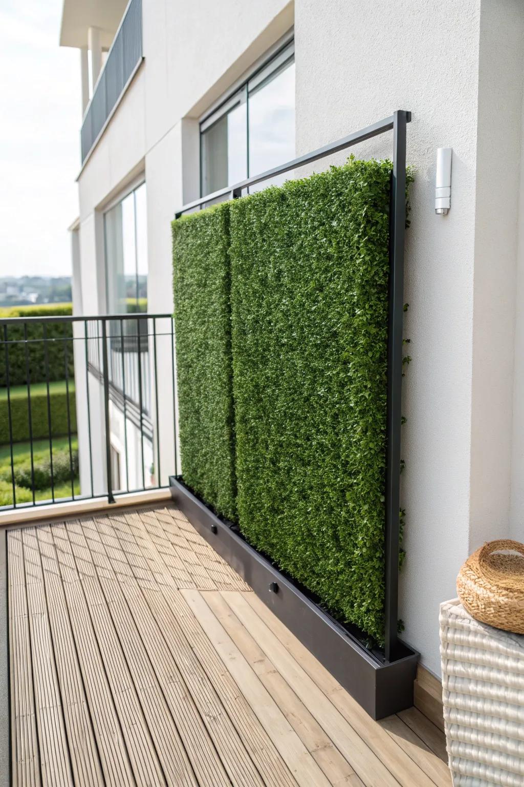 Dense faux hedge panel turns a balcony railing into a chic, bright privacy screen.