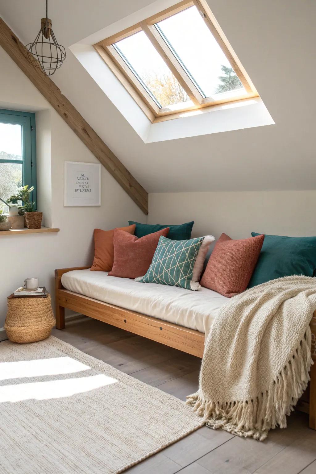 A daybed under the eaves: lounge-ready by day, sleep-ready by night—without stealing space.