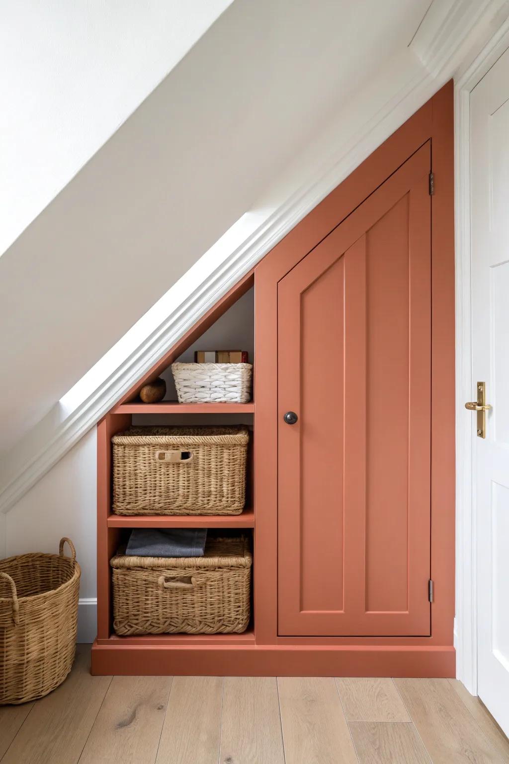 A sleek knee-wall built-in hides attic clutter—shallow, calm, and beautifully minimal.