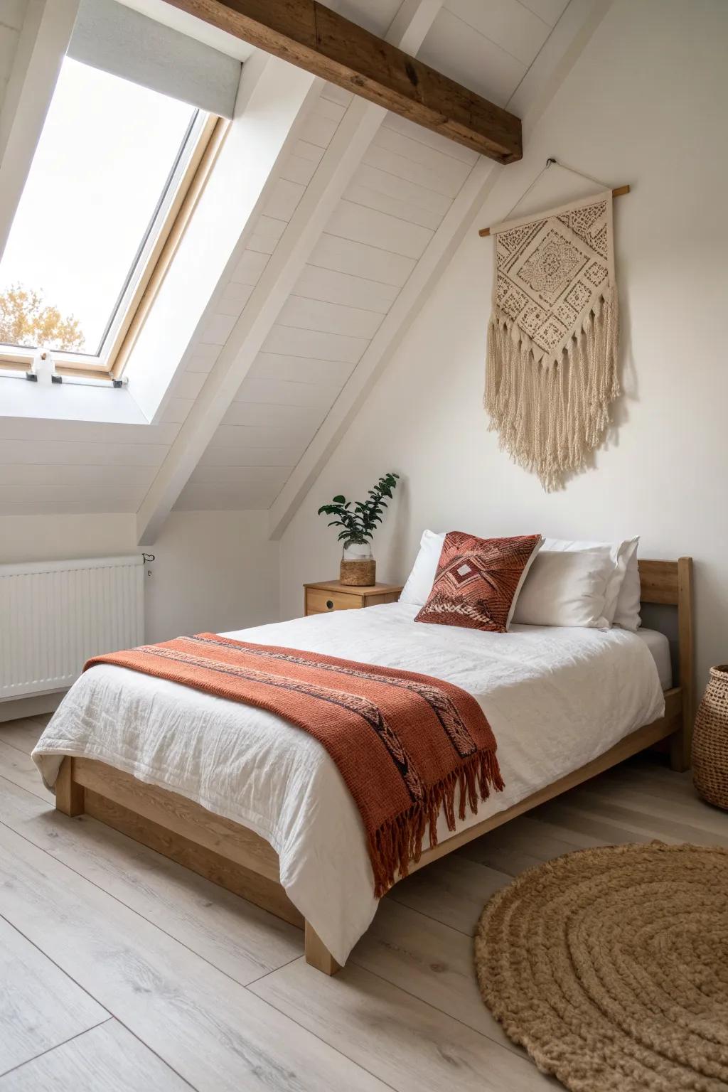 Guest-ready attic loft idea: a twin bed that keeps the center walkway open and airy.