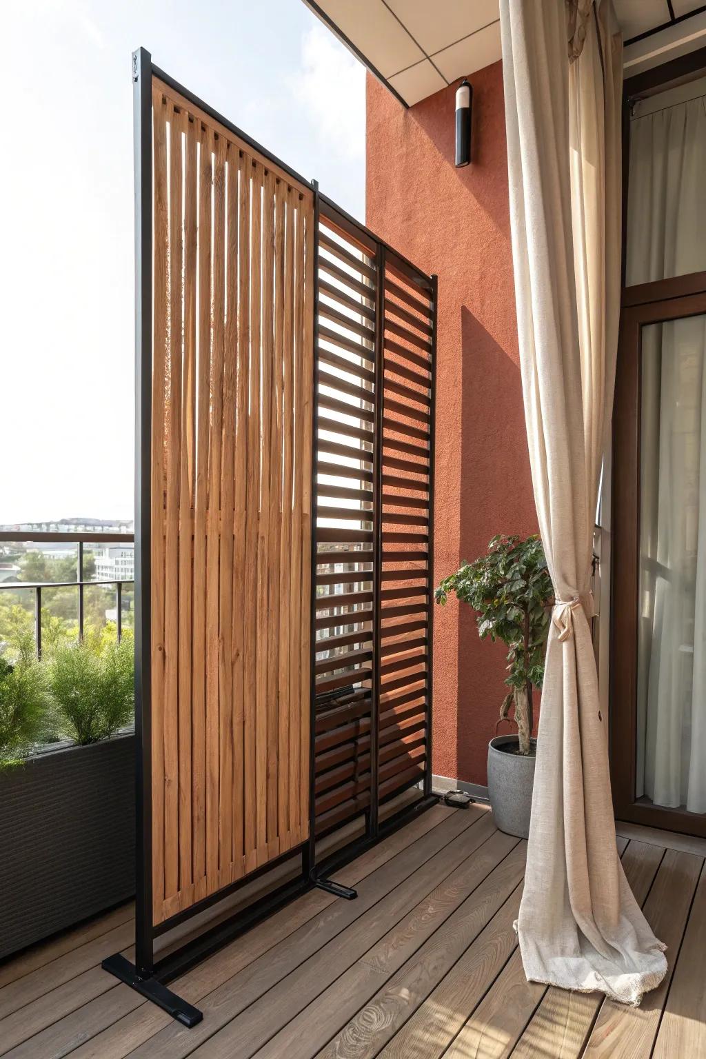 A warm slatted screen adds instant privacy—turning a tiny balcony deck into a boutique retreat.