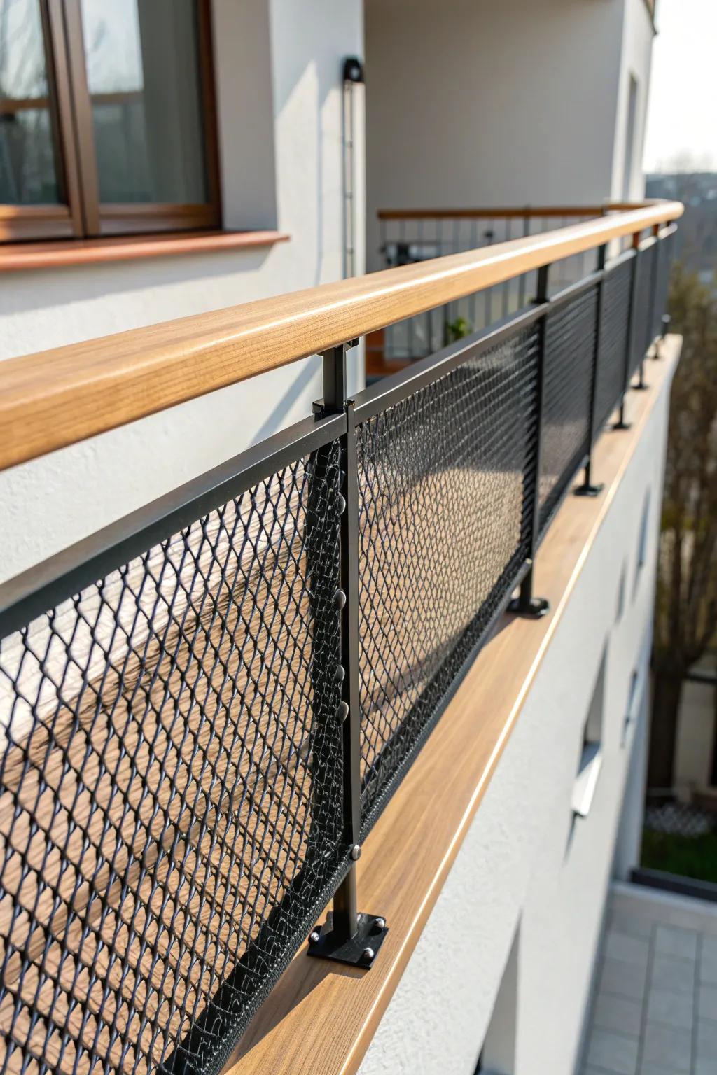 Sleek metal mesh infill keeps curious pets safe—minimal look, maximum peace of mind.