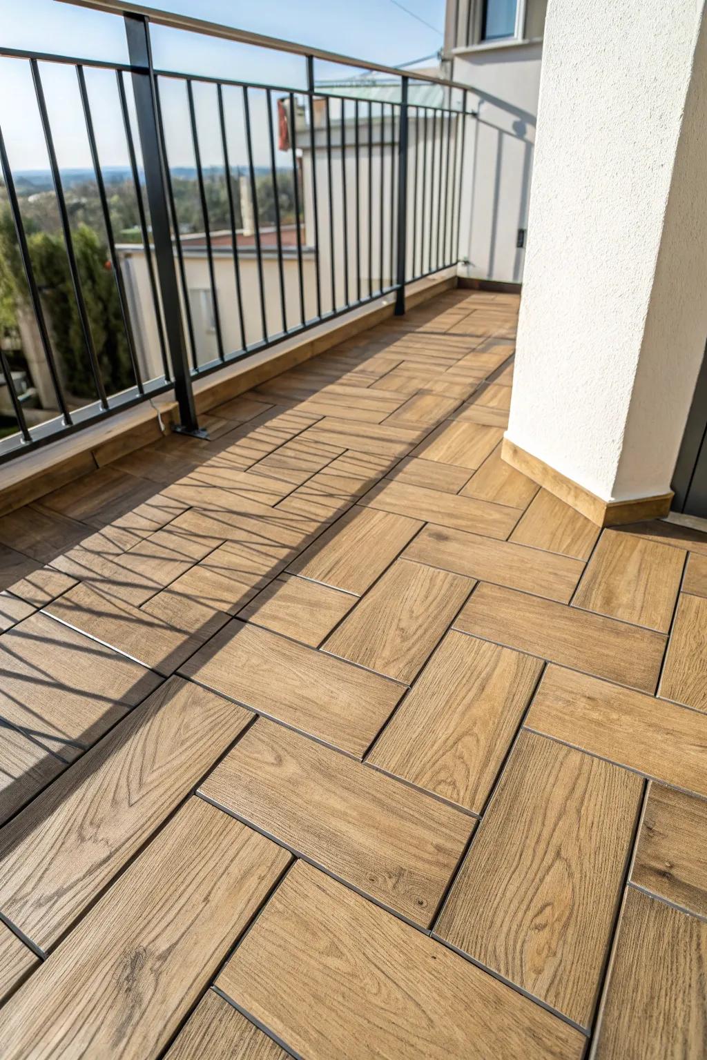 Wood-look plank tile adds cozy indoor warmth to a balcony—durable, chic, and easy to maintain.
