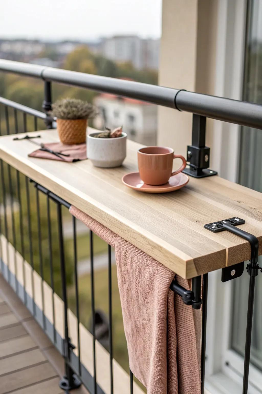 Rail-mounted bar table: a chic breakfast spot that saves floor space on tiny balconies.