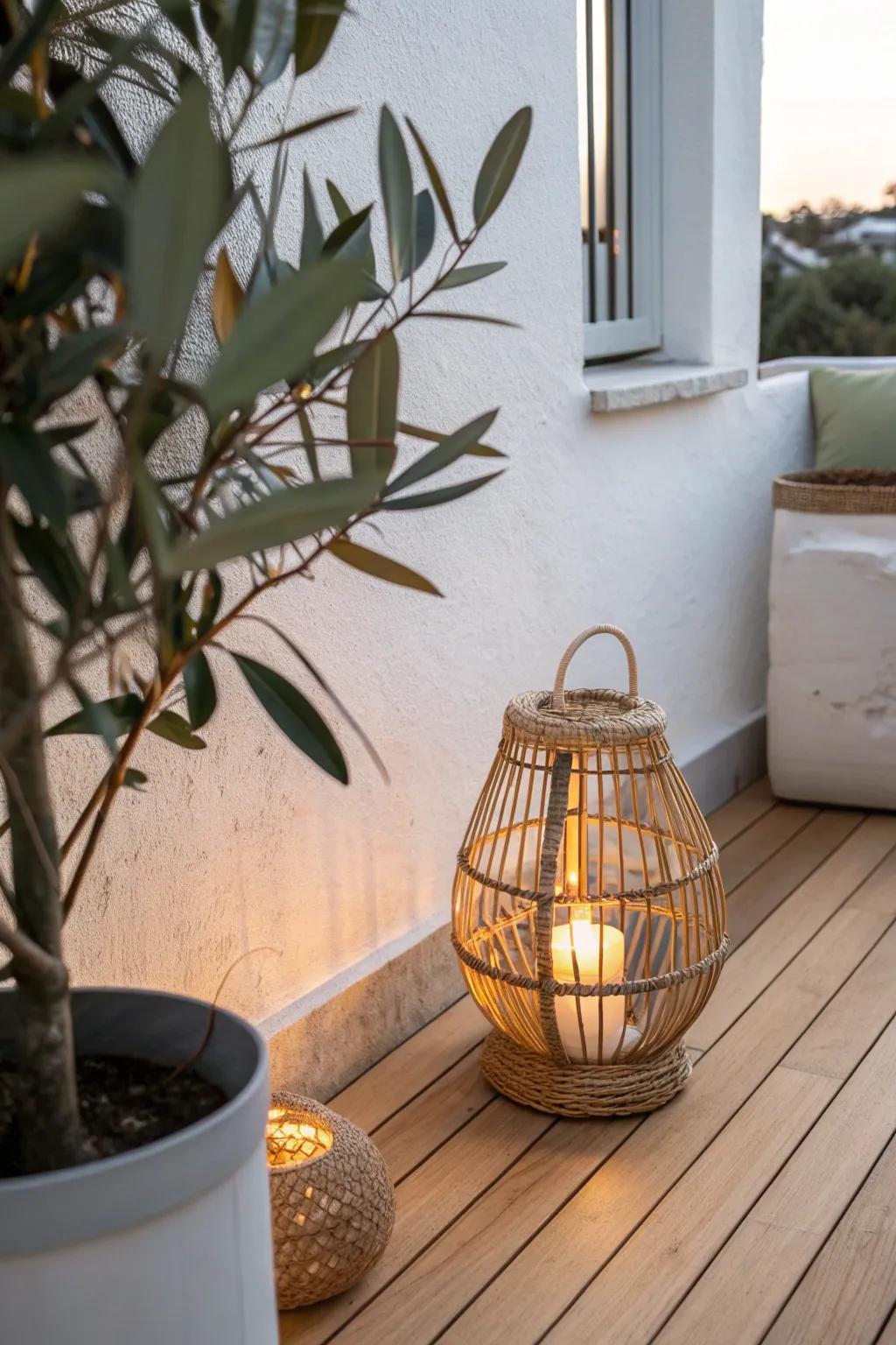 A floor-level lantern adds cozy, layered glow—perfect for small balconies without harsh lighting.