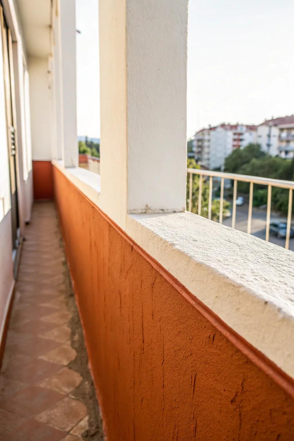 Two-tone half wall paint: dark base hides scuffs, light top makes your balcony feel taller.
