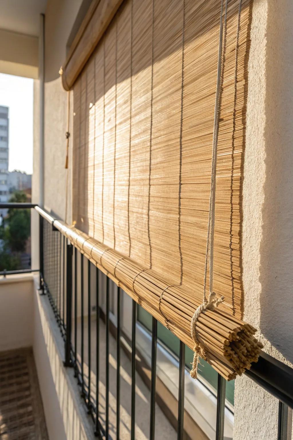 Cozy, filtered sun with bamboo roll-up blinds—light, airy shade that doesn’t close in your balcony.