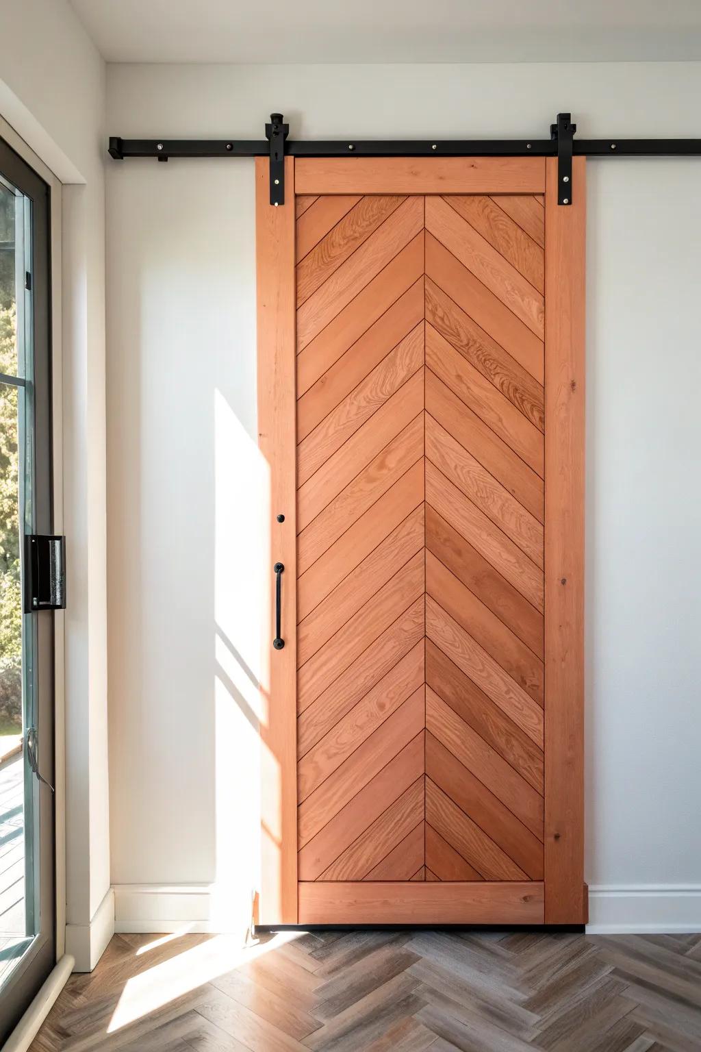 Chevron plank barn door adds custom movement—perfect for elevating a small closet fast.