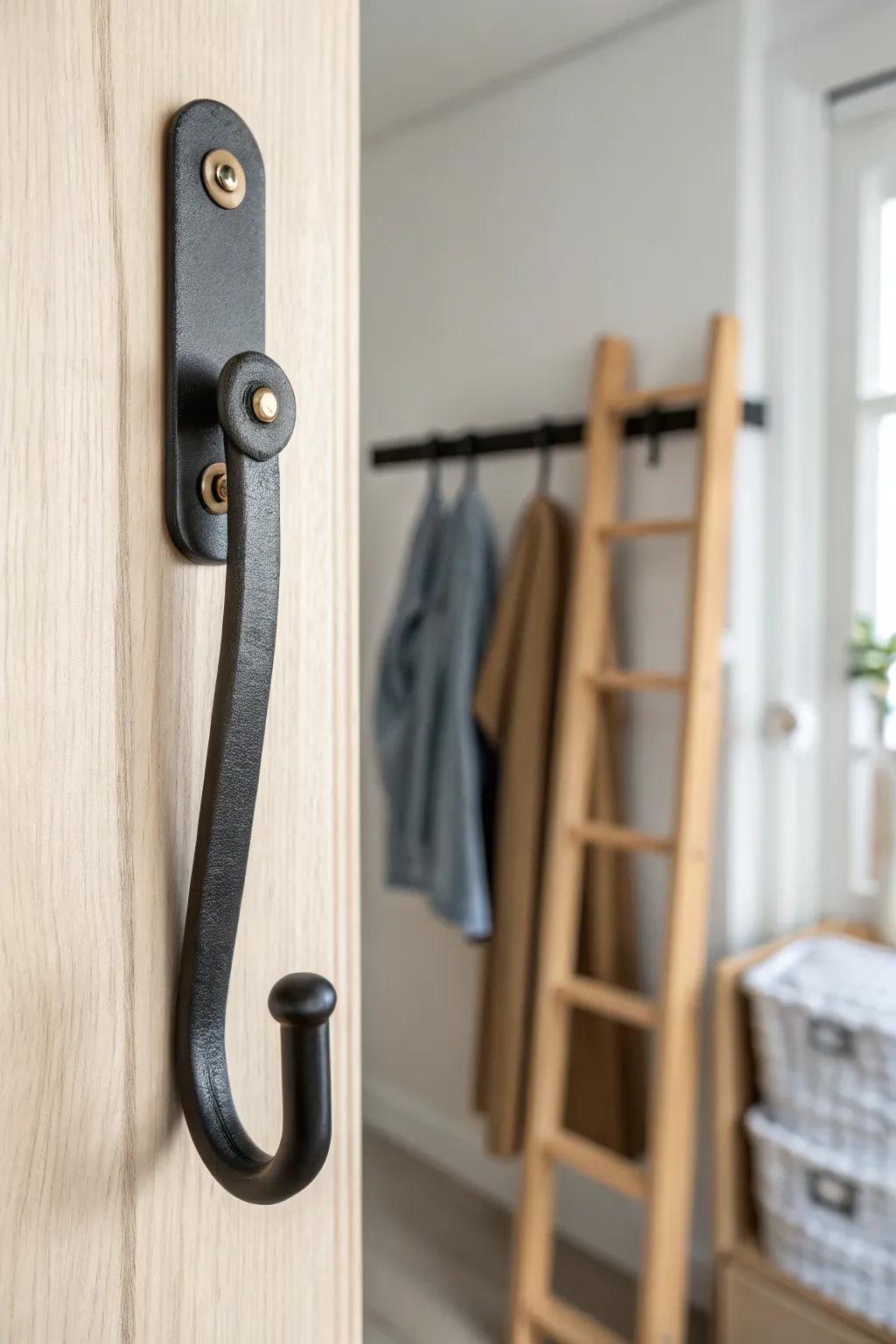 Heavy-duty hooks lift ladders and gear off the floor—making any basement closet feel wider.