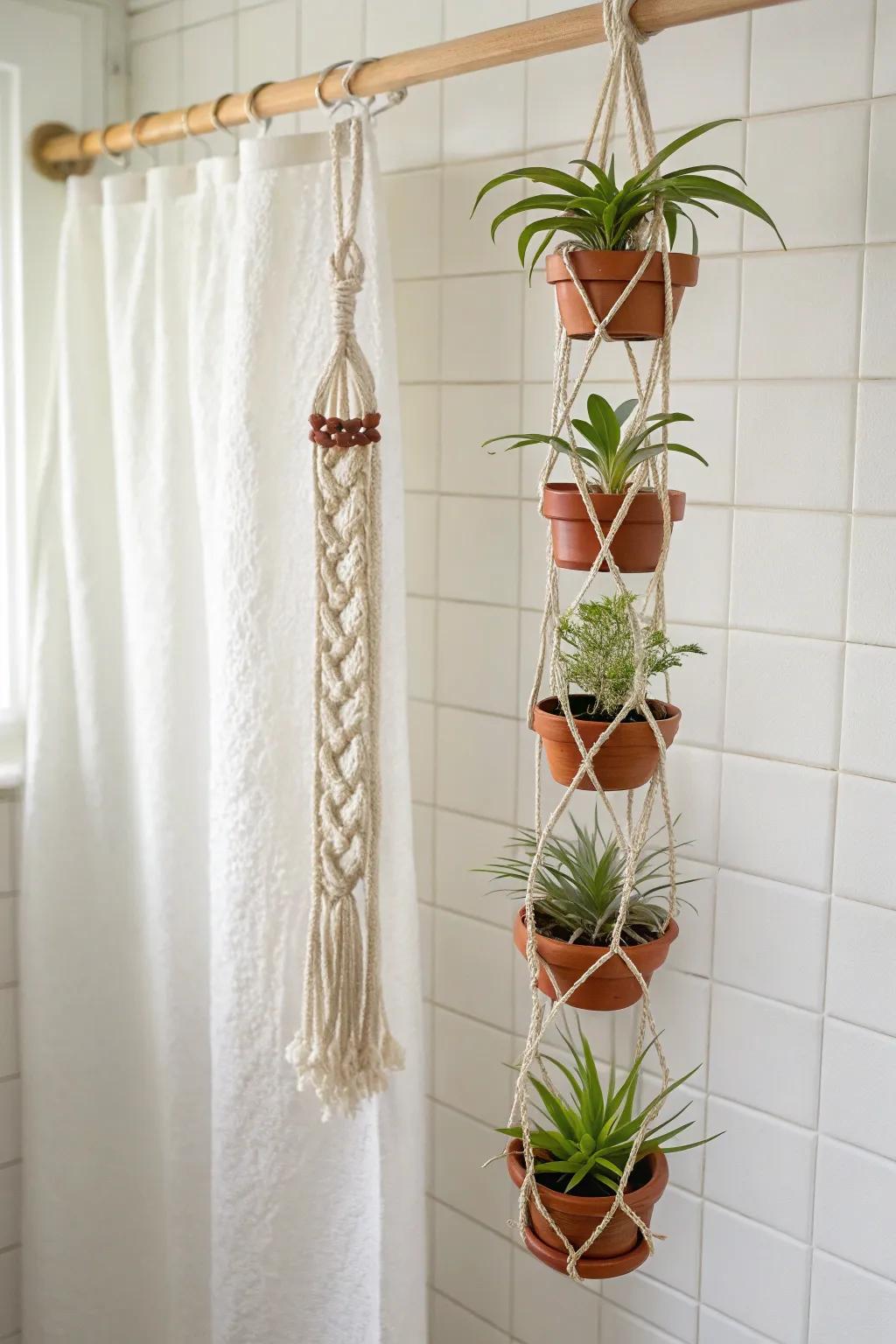 A vertical hanging air-plant display beside the shower curtain—lush, clutter-free, and airy.