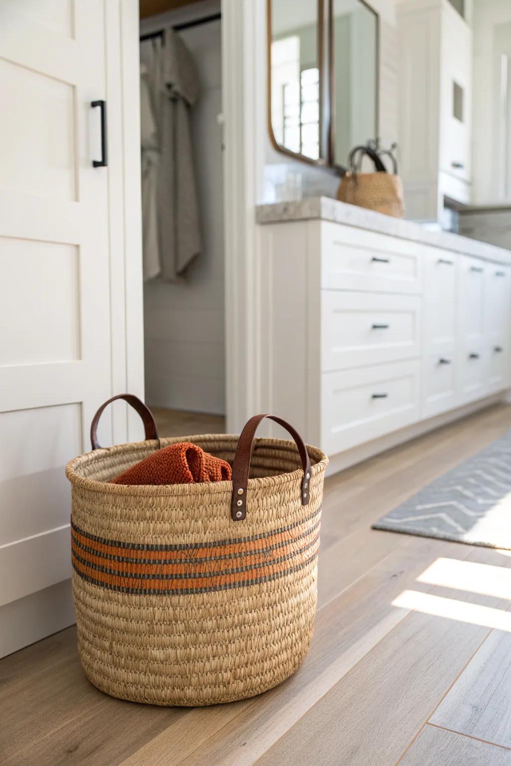 One continuous oak floor from closet to dry bath zone makes a tiny combo feel spacious.