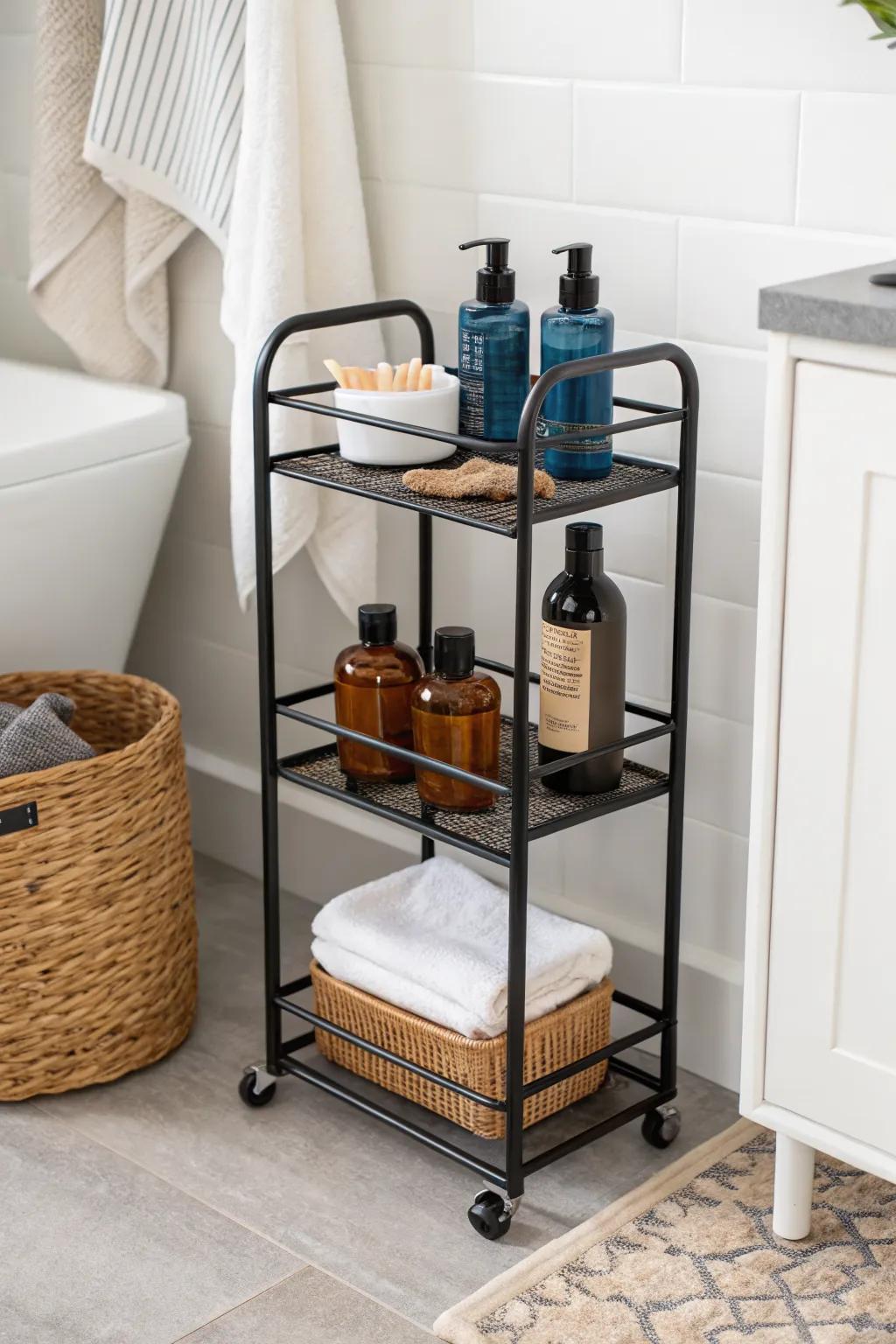 Turn a slim cart into a calm vanity: daily skincare on top, makeup tucked neatly below.
