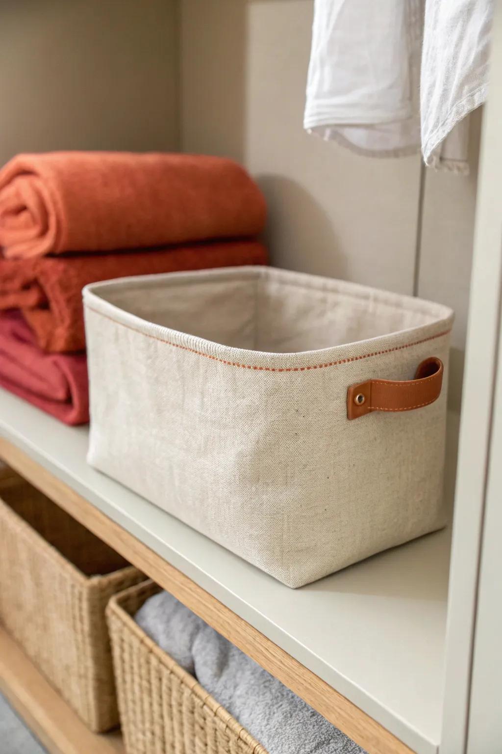 Uniform neutral bins bring instant calm to a no-door bathroom closet—even when it’s full.