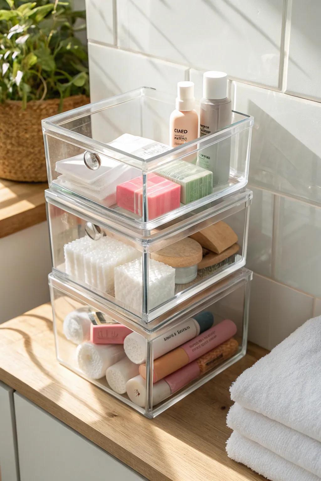 Clear, stackable boxes keep bathroom backstock visible—so you stop overbuying and stay tidy.