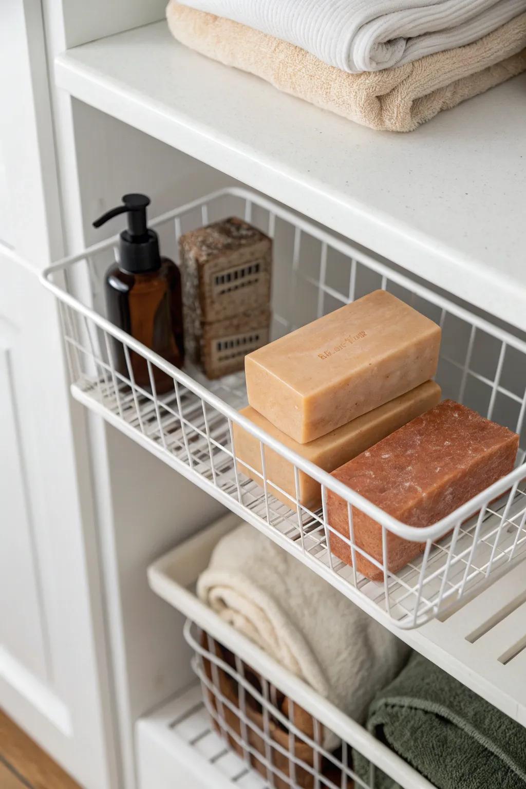 Slide-in under-shelf basket adds a bonus layer for masks, razors, and extra soap—no drilling.