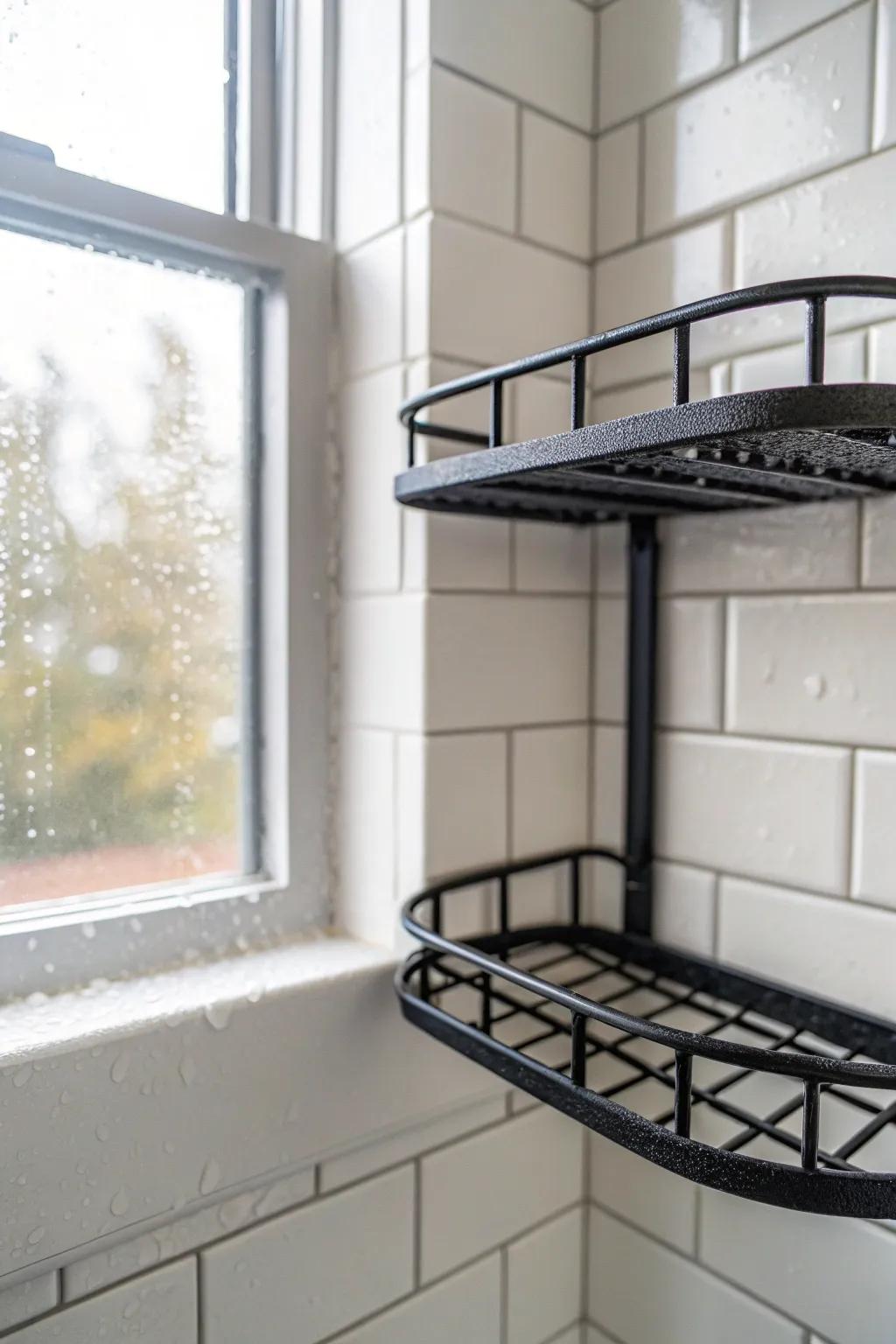 Matte-black wire corner shelf that drains fast—perfect for steamy shower corners.