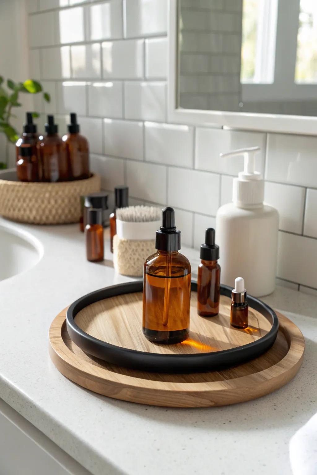A rotating lazy Susan keeps skincare bottles neat, stable, and easy to reach in tiny bathrooms.
