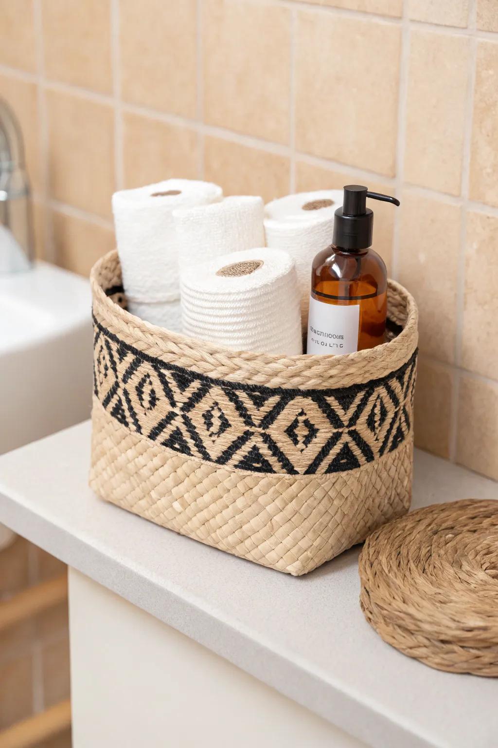 Matching baskets hide backup clutter—neat, calm shelves with a minimalist boho feel.